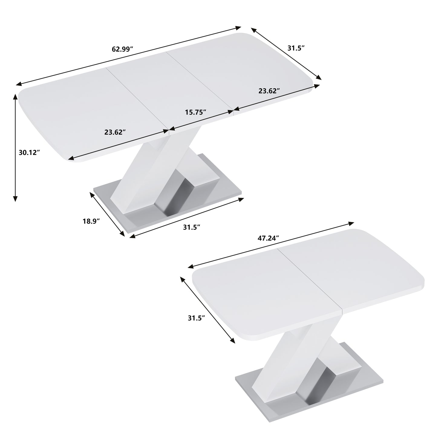 Modern Extendable Dining Table, White, X-Shape Metal Base