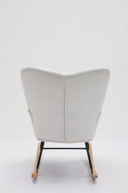 Mid Century Modern Velvet Tufted Upholstered Rocking Chair Padded Seat for Living Room Bedroom, White