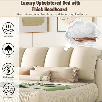 Oversized Padded Headrest - King Size Luxury Upholstered Bed with Thick Headboard - Beige