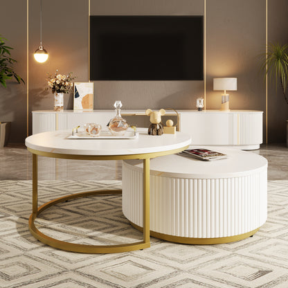 Modern Round Nesting Coffee Table with Drawer - White & Gold