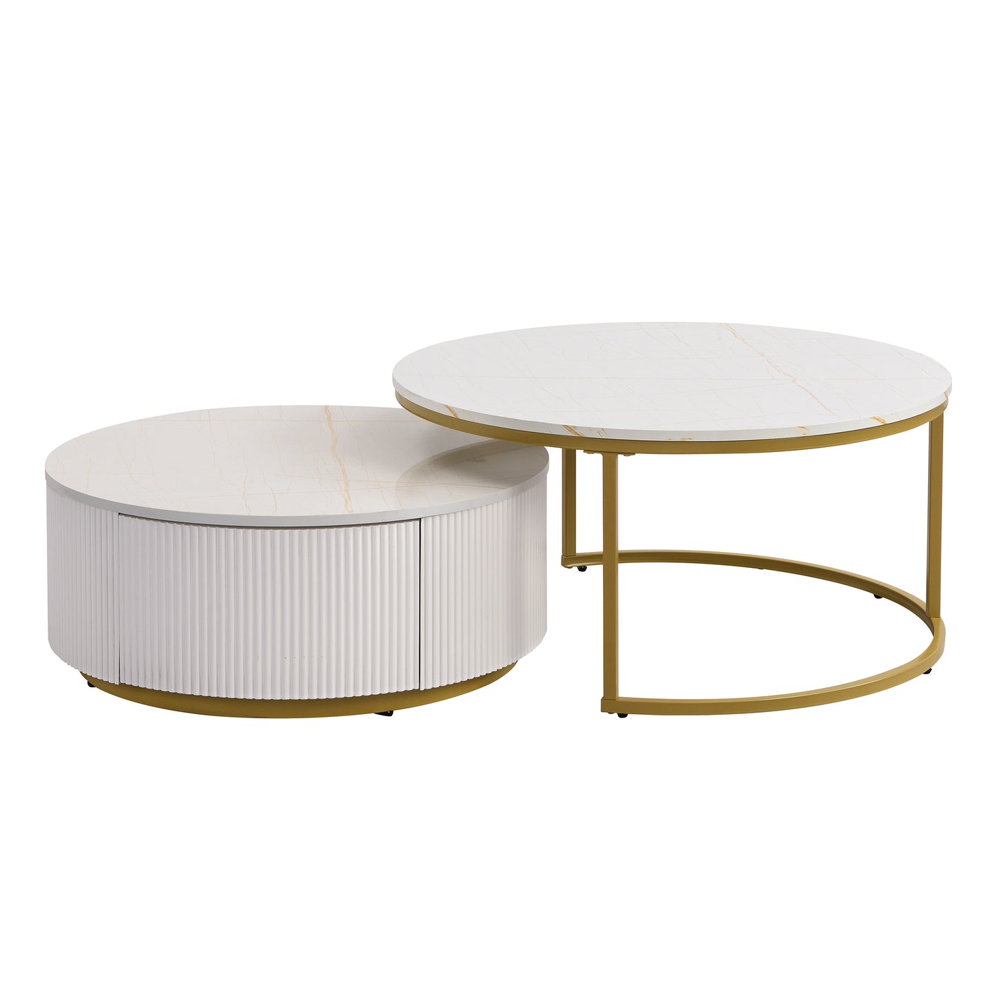 Modern Round Nesting Coffee Table with Drawer - White & Gold