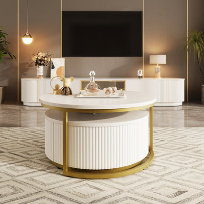 Modern Round Nesting Coffee Table with Drawer - White & Gold