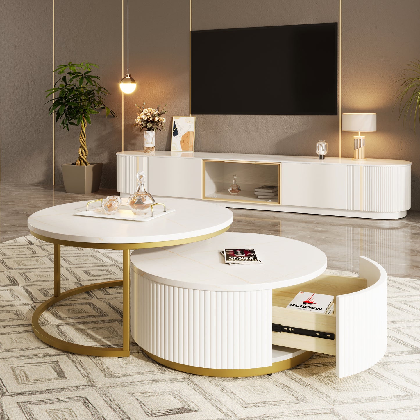 Modern Round Nesting Coffee Table with Drawer - White & Gold