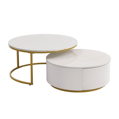 Modern Round Nesting Coffee Table with Drawer - White & Gold