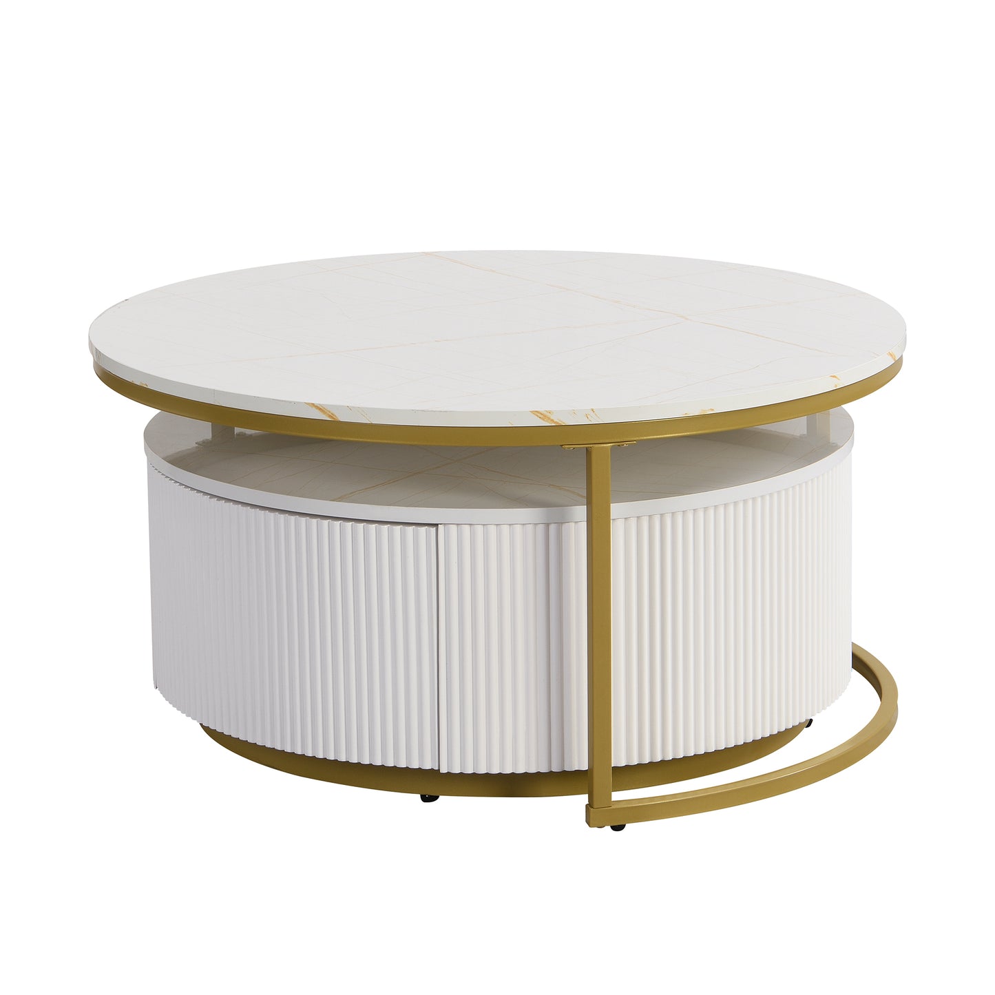 Modern Round Nesting Coffee Table with Drawer - White & Gold