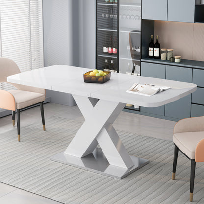 Modern Extendable Dining Table, White, X-Shape Metal Base