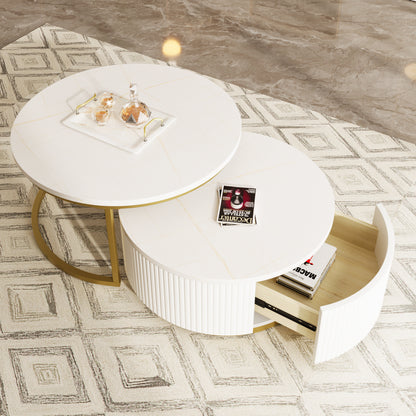 Modern Round Nesting Coffee Table with Drawer - White & Gold