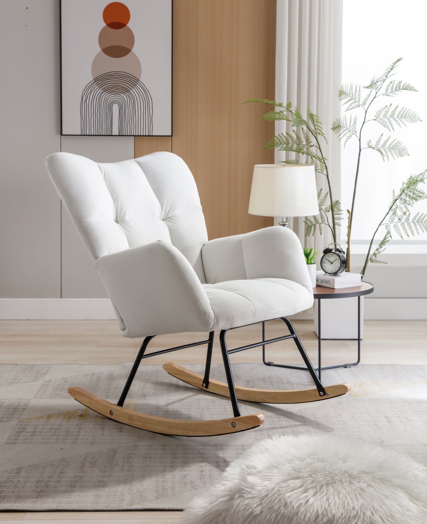 Mid Century Modern Velvet Tufted Upholstered Rocking Chair Padded Seat for Living Room Bedroom, White