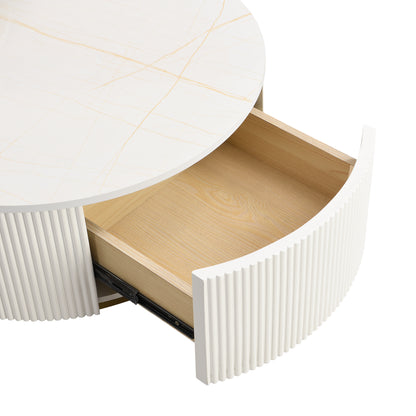 Modern Round Nesting Coffee Table with Drawer - White & Gold