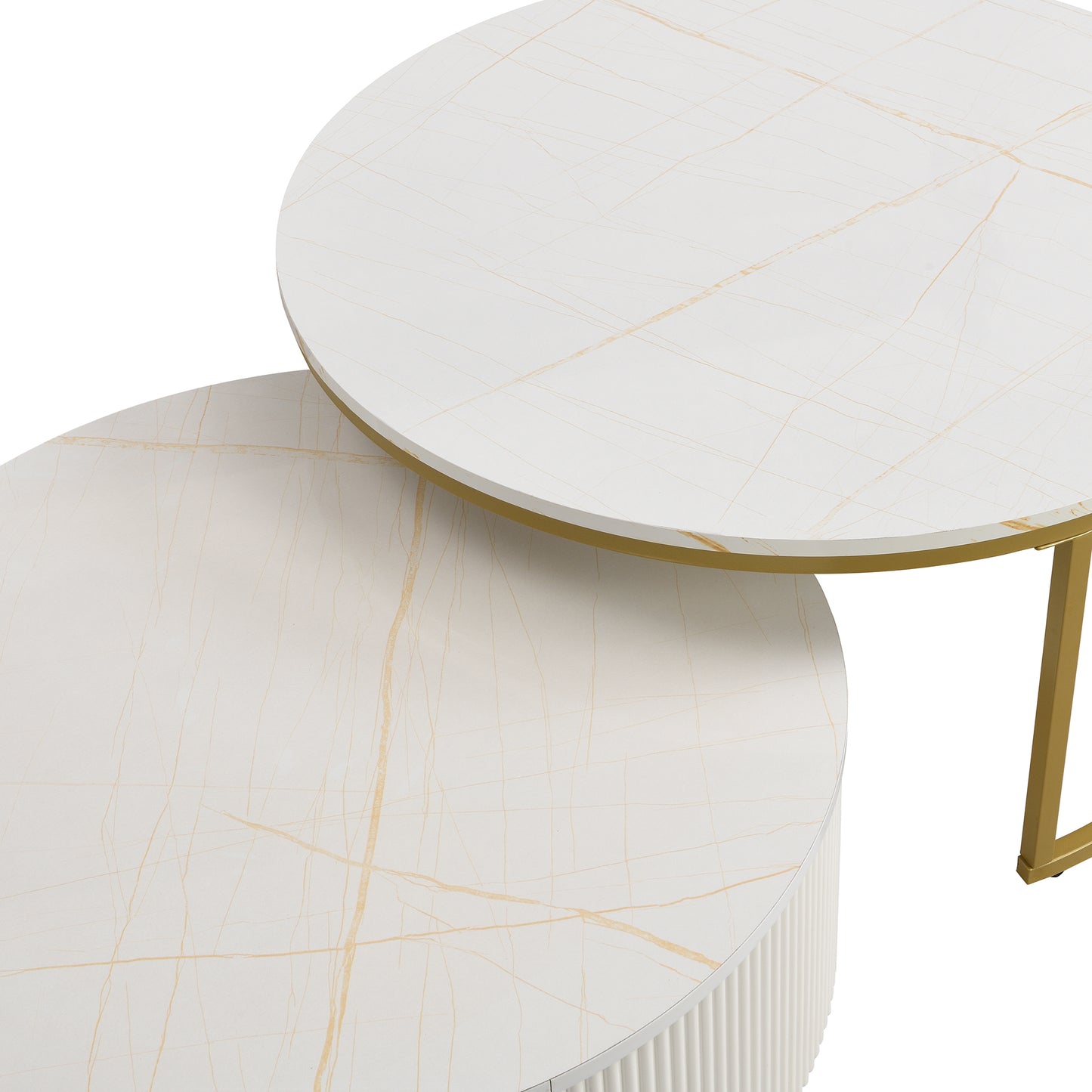 Modern Round Nesting Coffee Table with Drawer - White & Gold