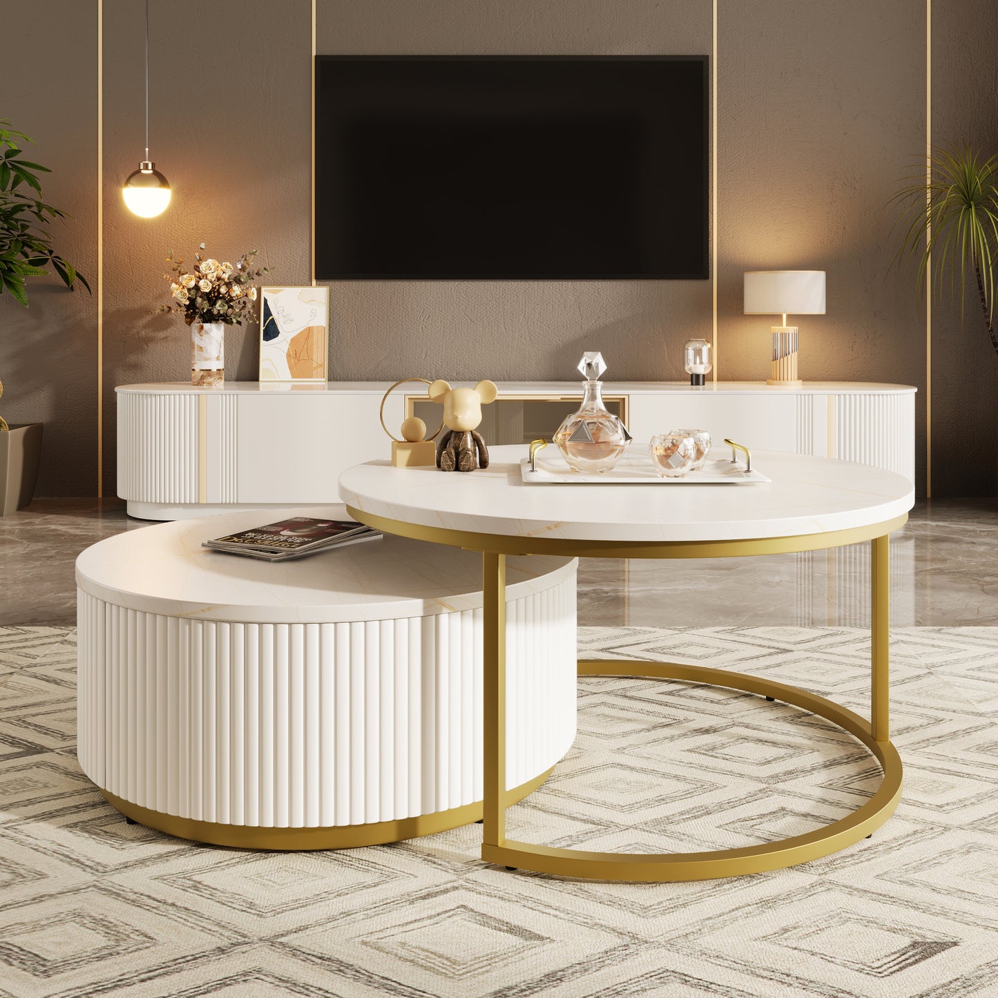 Modern Round Nesting Coffee Table with Drawer - White & Gold