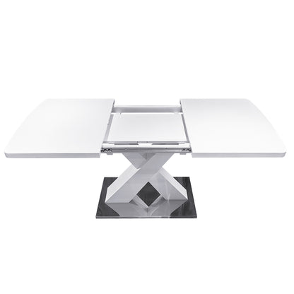 Modern Extendable Dining Table, White, X-Shape Metal Base