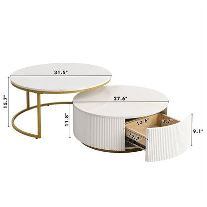 Modern Round Nesting Coffee Table with Drawer - White & Gold