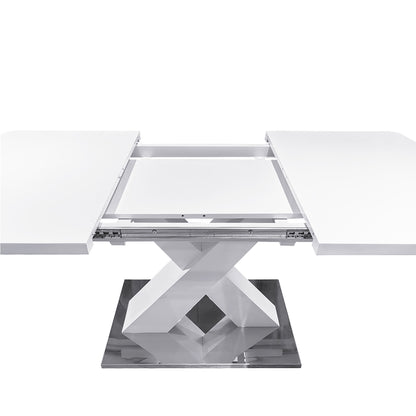 Modern Extendable Dining Table, White, X-Shape Metal Base