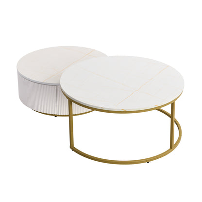 Modern Round Nesting Coffee Table with Drawer - White & Gold