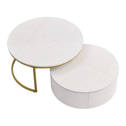 Modern Round Nesting Coffee Table with Drawer - White & Gold