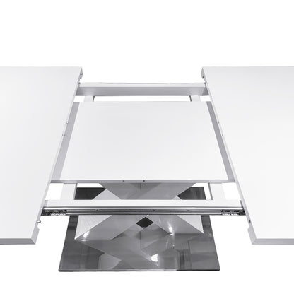 Modern Extendable Dining Table, White, X-Shape Metal Base