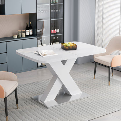 Modern Extendable Dining Table, White, X-Shape Metal Base