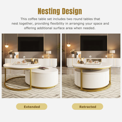 Modern Round Nesting Coffee Table with Drawer - White & Gold