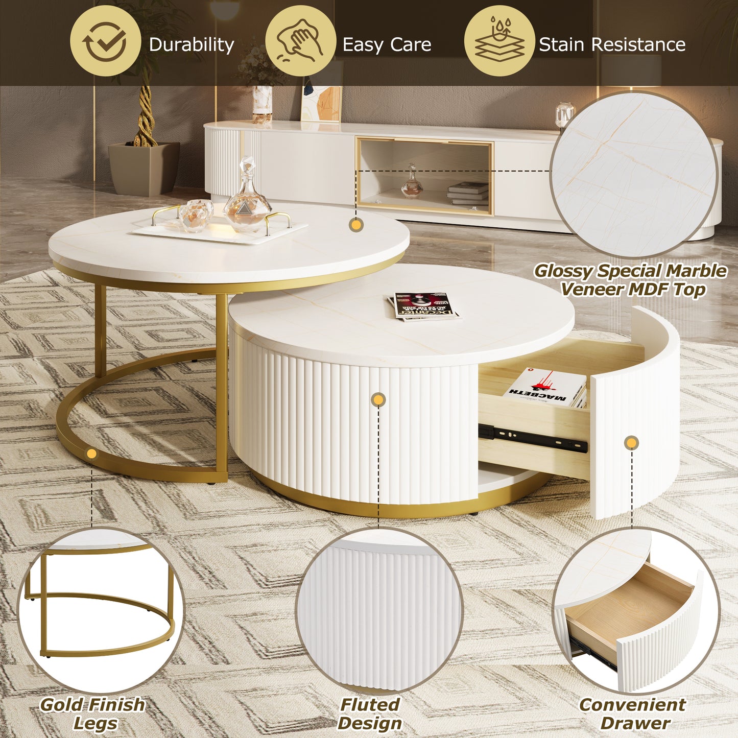 Modern Round Nesting Coffee Table with Drawer - White & Gold