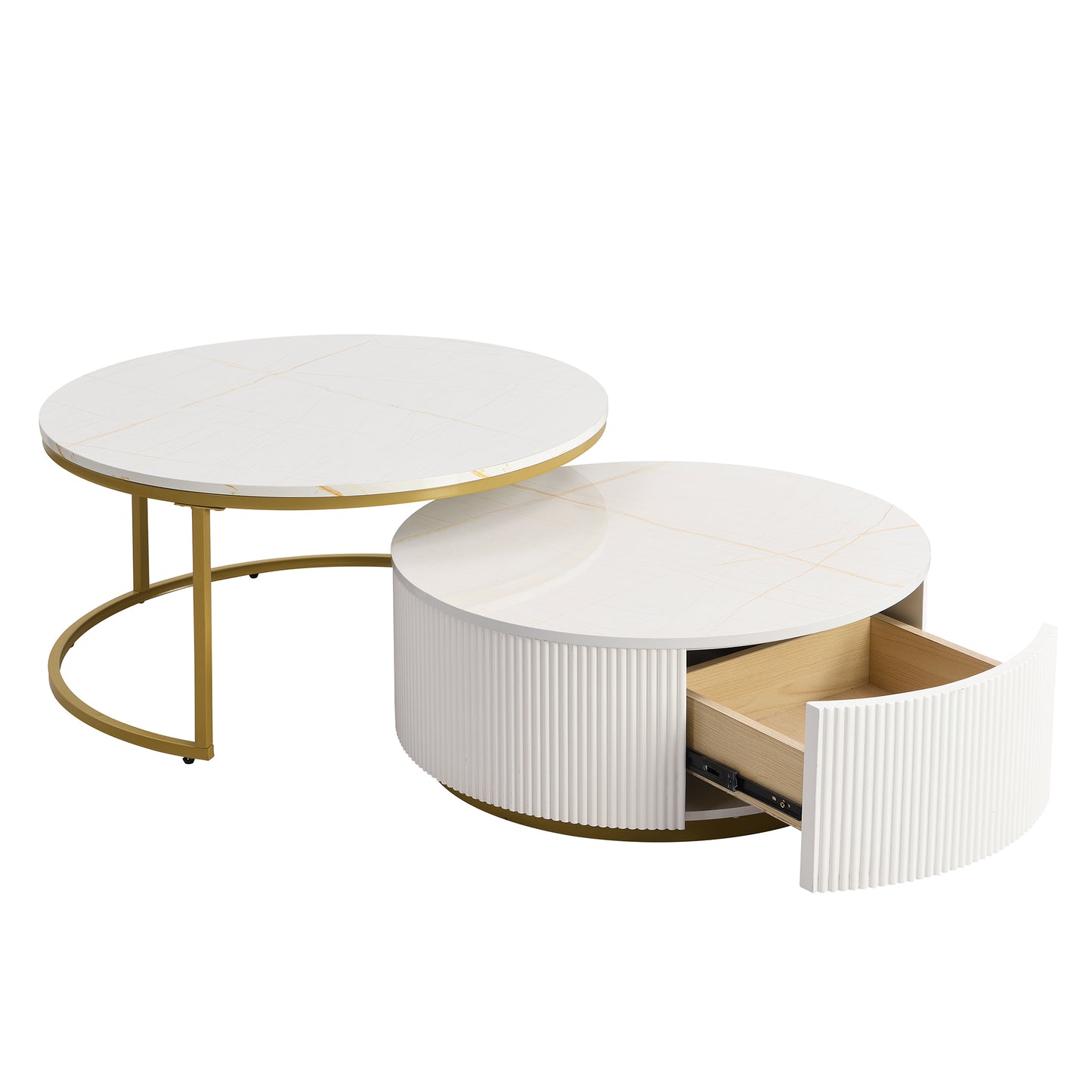 Modern Round Nesting Coffee Table with Drawer - White & Gold