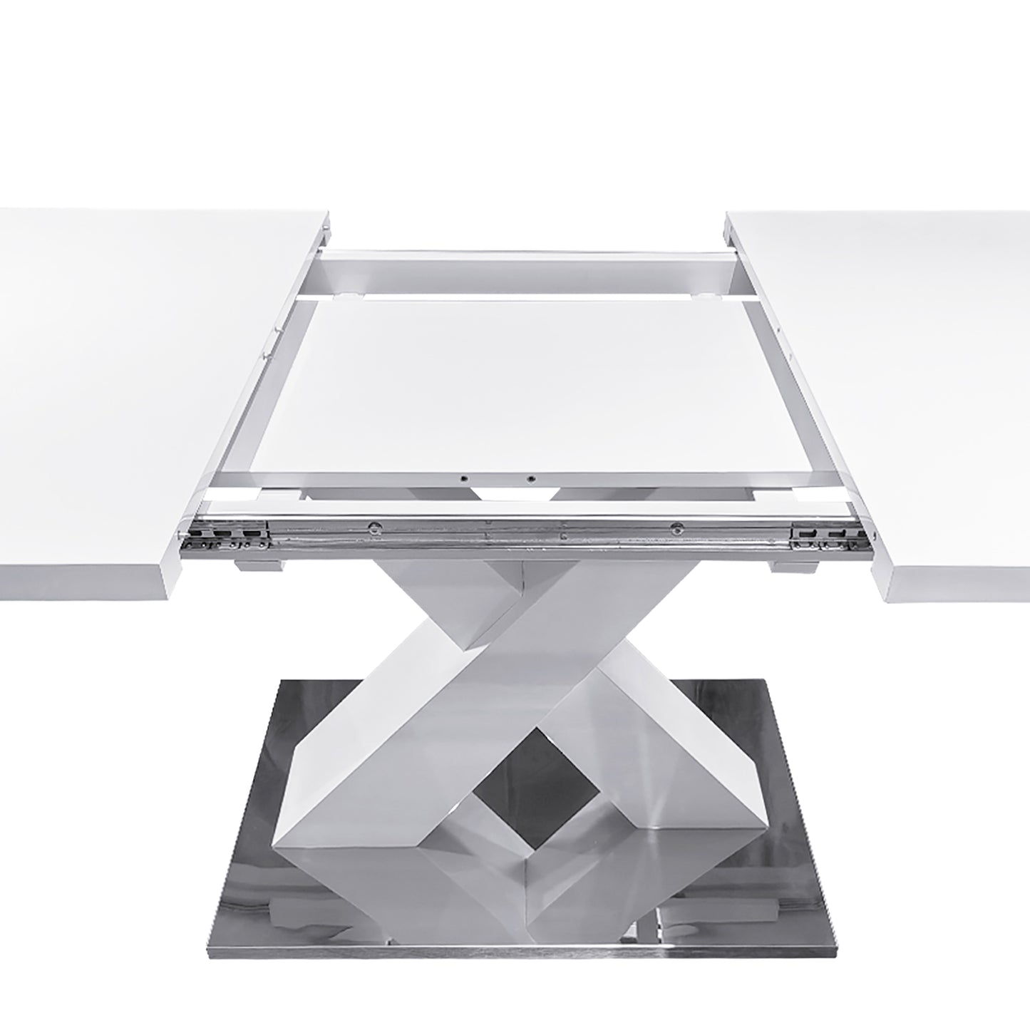 Modern Extendable Dining Table, White, X-Shape Metal Base