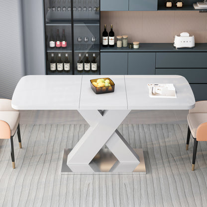 Modern Extendable Dining Table, White, X-Shape Metal Base